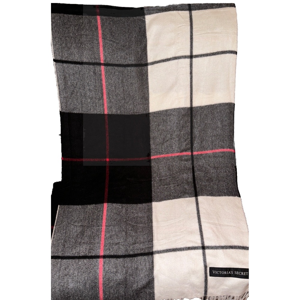 Victoria's Secret Scarf Fringe Plaid Ivory Classic Preppy  26 X 84" Soft Warm